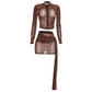 See Through 2-Piece Set Women Single-Breasted o-Neck Crop Tops+Folds Tassel Skirt Sexy Midnight Hottie Wild Suits