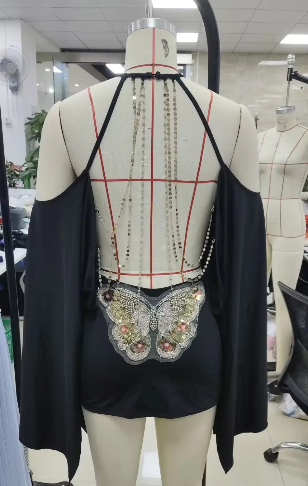 Butterfly Embroidery Mini Dress Cold Shoulder Flare Sleeve Halter Backless With Back Body Chain Club Party Bodycon Dress
