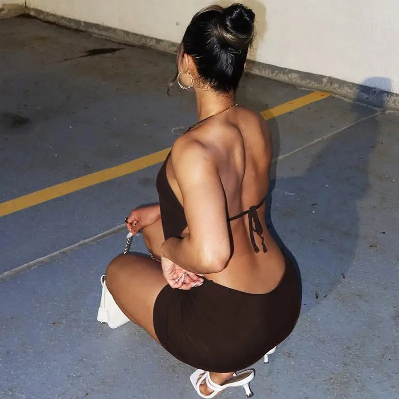 Metal Ring Open Back Halter Mini Dress Sexy Club Outfits for Woman Date Nights Dresses