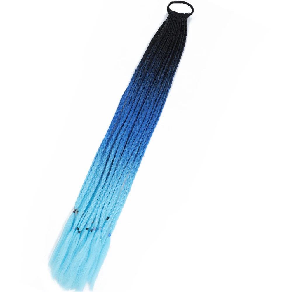Synthetic 24inch Girls Colored Box Braided Ponytail With Elastic Rubber Band Hair Extensions Rainbow Color Box Pigtail Hairpiece