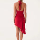 Women Halter U Neck Mini Dress Side Ruched High Split Asymmetrical Draped Bodycon Dress Club Night Out Party Vestidos