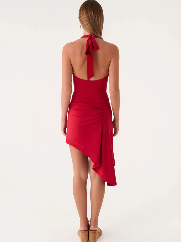 Women Halter U Neck Mini Dress Side Ruched High Split Asymmetrical Draped Bodycon Dress Club Night Out Party Vestidos