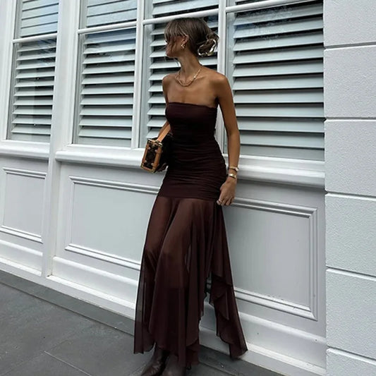 Elegant Long Dresses Summer See Through Mesh Patchwork Strapless Pleated Dress Party Night Elegant