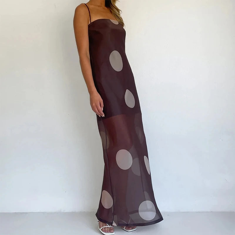 Women Polka Dot Maxi Dress Spaghetti Strap Sheer Mesh Long Dress Sexy Sleeveless Backless Elegant Summer Dresses