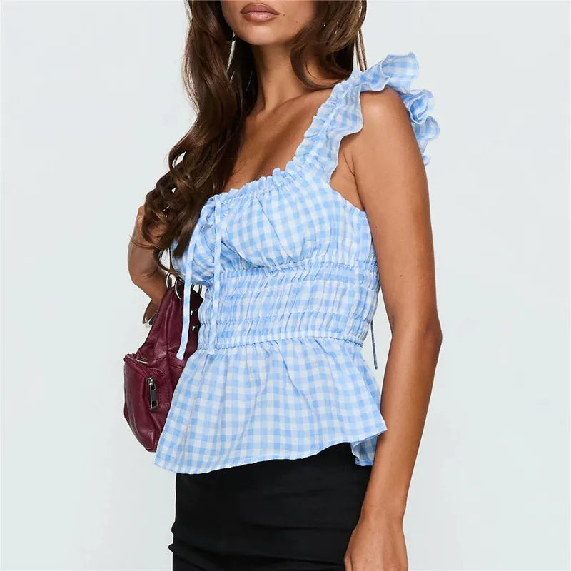Y2K Sweet Gingham Plaid Peplum Top Women Ruffle Strap Square Neck Smocked Waist Tie Back Casual Summer Blouse