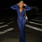 Leopard Print Mesh Sheer Blue Dresses Elegant Woman for Party Deep V Neck Long Sleeve Maxi Dress