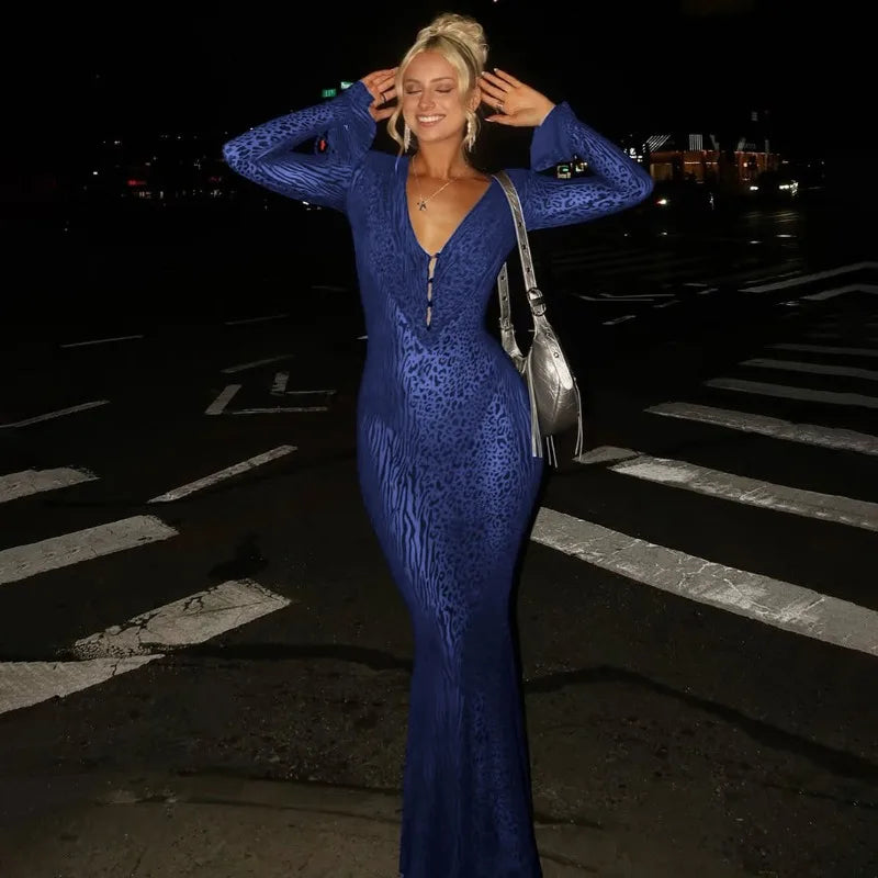 Leopard Print Mesh Sheer Blue Dresses Elegant Woman for Party Deep V Neck Long Sleeve Maxi Dress