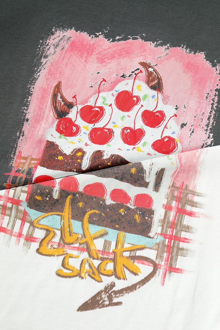 Women's Oversized Drop Shoulder T-Shirt, Graffiti Cake Print Double Gauze Tee, Casual Versatile Summer Short Sleeve Top