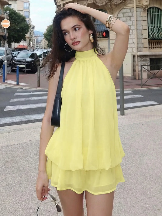 Sexy Mesh Backless Halter Mini Dress Yellow 2026 Summer Dresses for Women Vacation Outfits