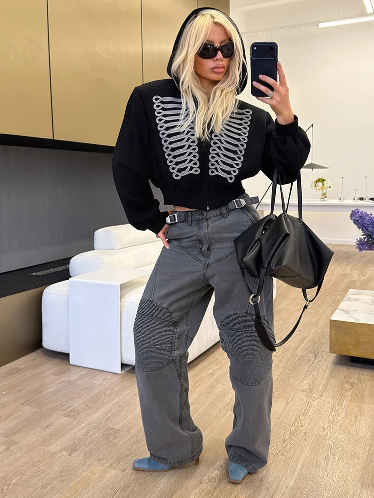 High Street Hooded Corp Jacket Women Fashion Hottie Print Full Sleeve Zip Patchwork Autumn Trend Chic Sporty Outfits