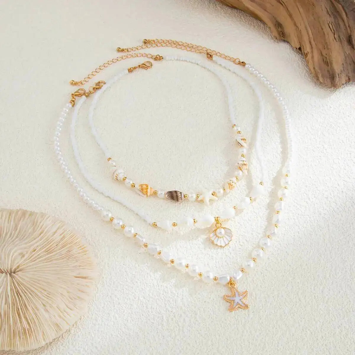 Boho 3Pcs Set Imitation Pearl Starfish Pendant Necklace for Women Y2K Style Oil Drop Charm Clavicle Chain Jewelry