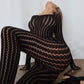See Through Seamless Striped Jacquard One Piece Long Sleeve Jumpsuit Sexy All Black Outfits for Woman Baddie