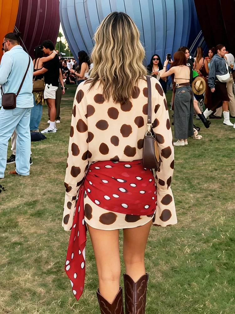 Silk Scarf Strap Patchwork Dress Women Sexy Single-Breasted Full Sleeve Polka Dot Print Hottie Music Festival Bodycon