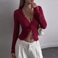 Lace Trim Yellow Ribbed Long Sleeve Tops V Neck Button-up Cardigan Woman Fall Fashion T Shirts