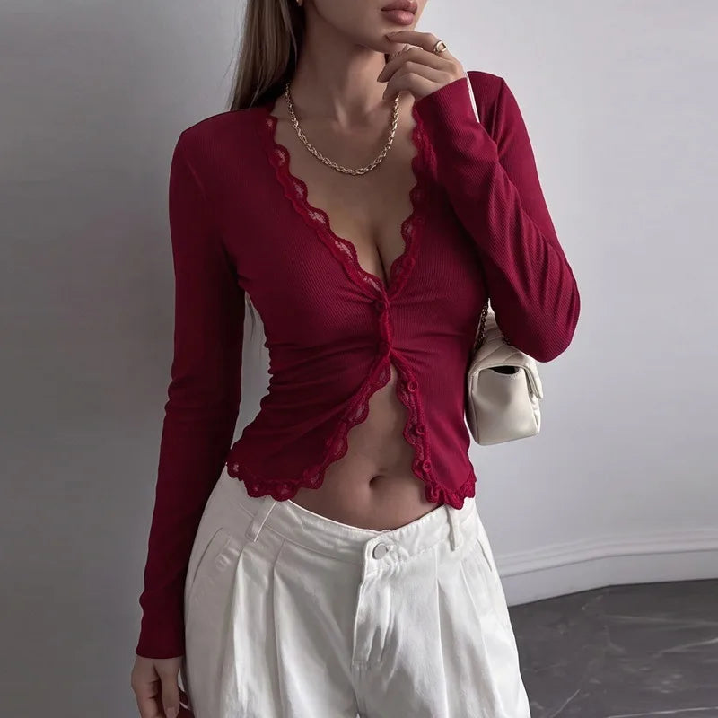 Lace Trim Yellow Ribbed Long Sleeve Tops V Neck Button-up Cardigan Woman Fall Fashion T Shirts