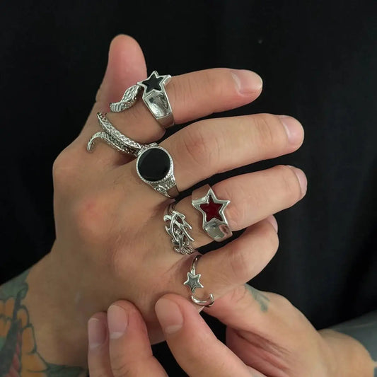 6Pcs New Gothic Snake Open Rings Set for Men Punk Irregular Stars Adjustable Knuckle Ring Halloween Jewelry Accessories