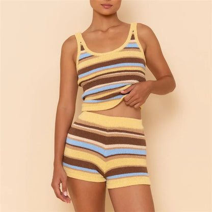 Women's Striped Knit Two-Piece Set Sleeveless Tank Top and Biker Shorts Cozy Fuzzy Loungewear Casual Homewear
