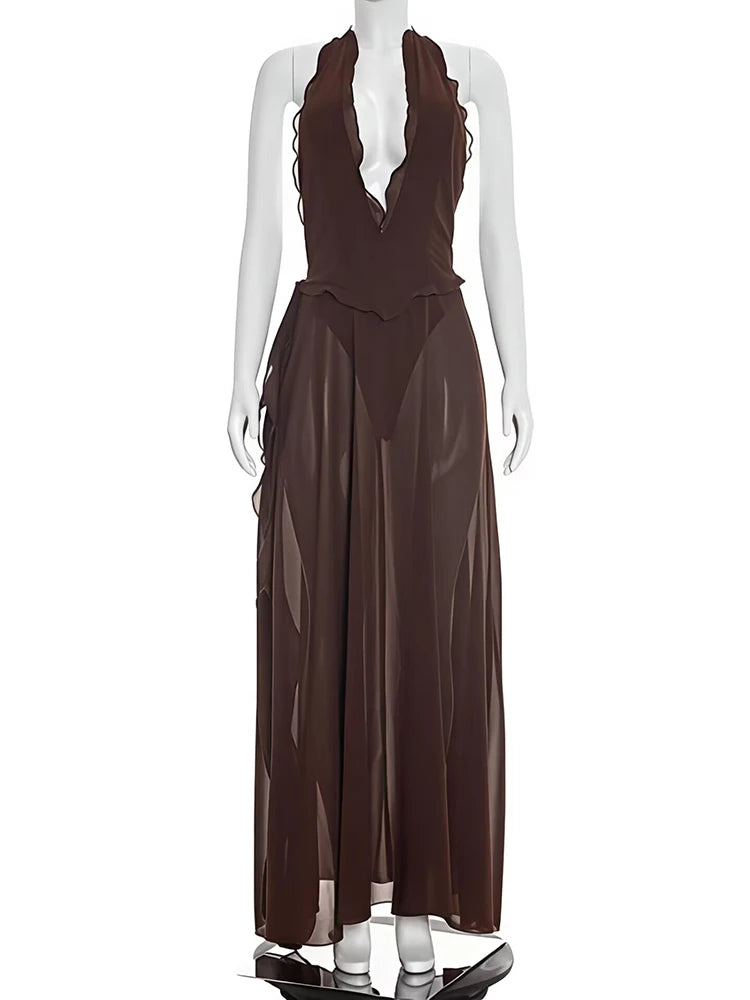 Halter Deep V Neck Backless Sexy Maxi Dress Women Elegant Off-shoulder Sleeveless High Split Club Party Long Dress