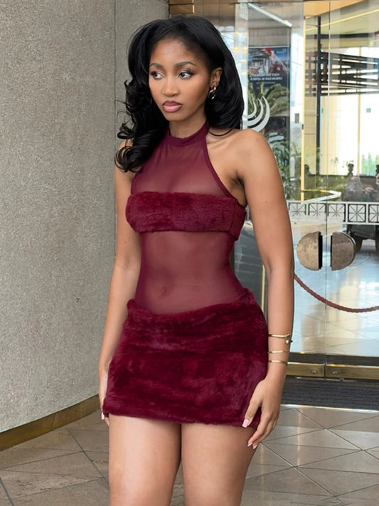 Furry Patchwork Sexy Dress Women Backless Sleeveless Hipster Midnight Clubwear Skinny Coquette Vacation Mini Bodycon