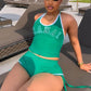 Sporty 2 Piece Set Women Casual Letter Print Halter Vest+Side Shirring Shorts Matching Streetwear Fitness Outfits