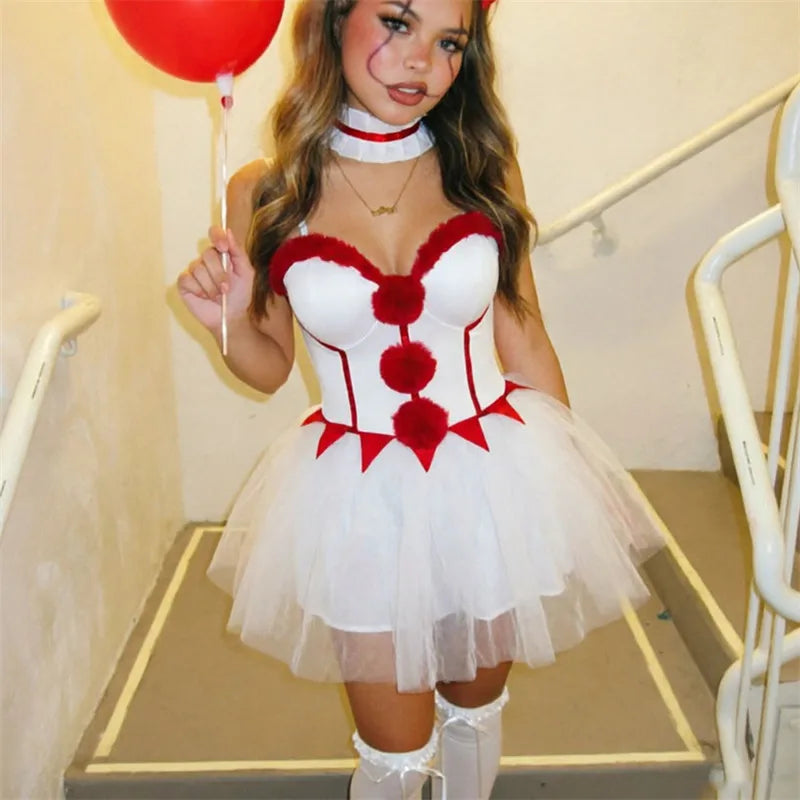Women Halloween Clown Cosplay Costume Pom Pom Tulle Tutu Mini Dress With Choker Wrist Cuffs Carnival Party Fancy Outfit