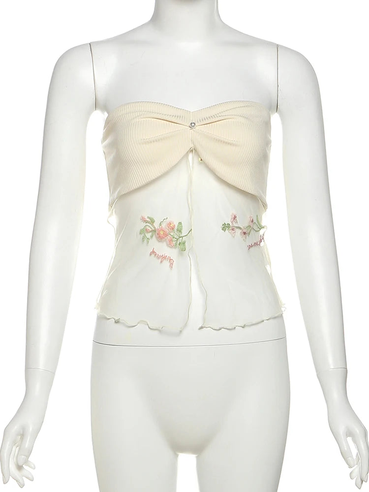 Sweet 2Piece Set Women Mesh Patchwork Splits Sleeveless Backless Tops+Folds Skirt Vacation Beach Party Matching Suit