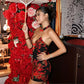 Retro Red Floral Print Halter Cheongsam Dress Sexy Club Outfits Hollow Backless Mini Dresses Woman Clothing