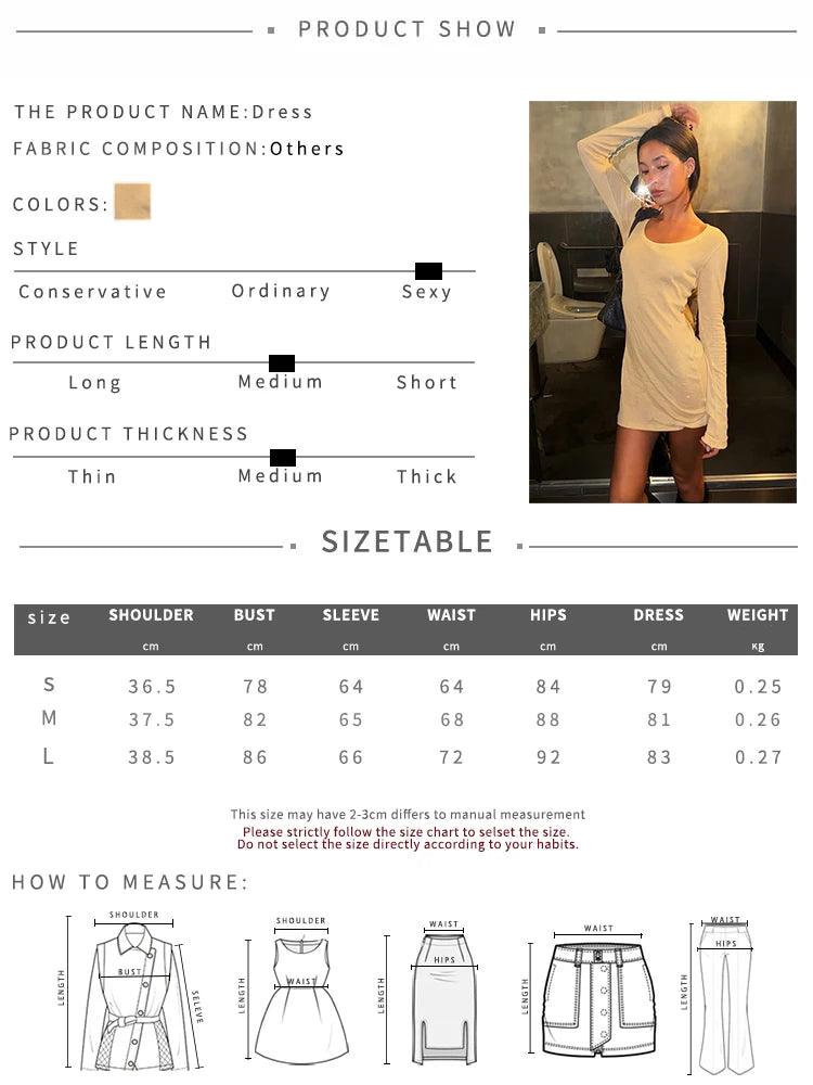 Trend Simple Dress Women Fashion Classic Low-Neck Full Sleeve Stretch Skinny Sexy Chic Party Street Peach Hip Bodycon