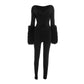 Cross Hollow Jumpsuit Women Sexy Fit Fur Patchwork Full Sleeve Workout Activity Streetwear Stretch Tight Overalls