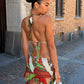 Peach Butt Colorful Print Dress Women Tassel Ruffles Halter Bandage v-Neck Backless Patchwork Mesh Sexy Midnight Bodycon