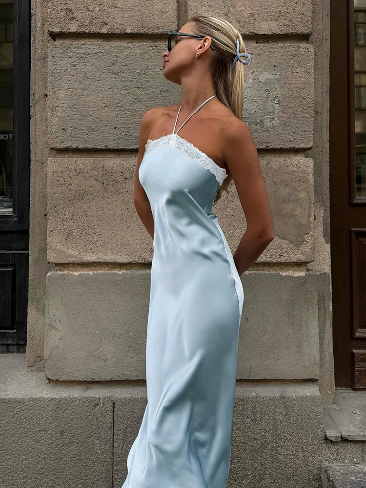 Elegant Backless Satin Dress Women Fashion Classic Halter Bandages Lace Patchwork Sleeveless Sexy Party Club Bodycon