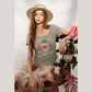 Women's Fitted Square Neck T-Shirt with Sketch Strawberry Heart Graphic Print, Cap Sleeve Ruched Crop Tee for Summer