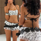 Carnival Polka Dot Mesh 2 Piece Set Women Ruffle Spaghetti Strap Cross Back Tiered Mini Shorts Party Costume