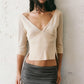 Women Solid Ruched Bust V Neck 3/4 Sleeve Crop Top Low Cut Off Shoulder Slim Fit T Shirt Y2K Aesthetic Casual Streetwear