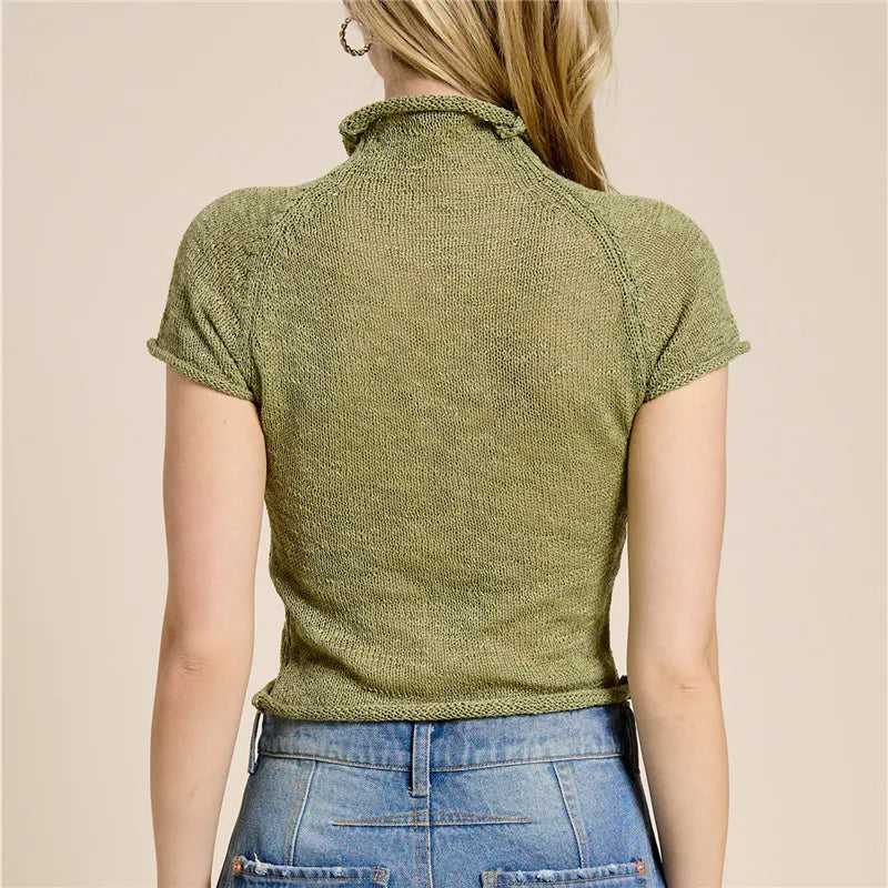 Women Semi Sheer Knit Top Mock Neck Button Front Short Sleeve Slim Cropped Tee Y2K Vintage See Through Knitwear Blouse