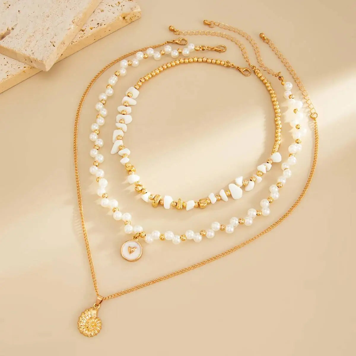 3Pcs/Set Boho Imitation Pearls Conch Pendant Necklace Women Trendy Adjustable Gold Color Neck Chain 2026 New Jewelry