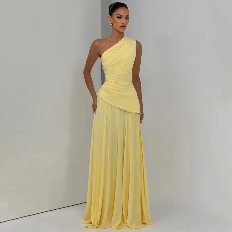 One Shoulder Backless Maxi Dress Brown Yellow Elegant Evening Gown Dresses Woman Wedding Party Attire