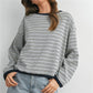 Contrast Rib Crew Neck Striped Long Sleeve T Shirt Drop Shoulder Loose Cropped Basic Casual Pullover Top for Fall Winter