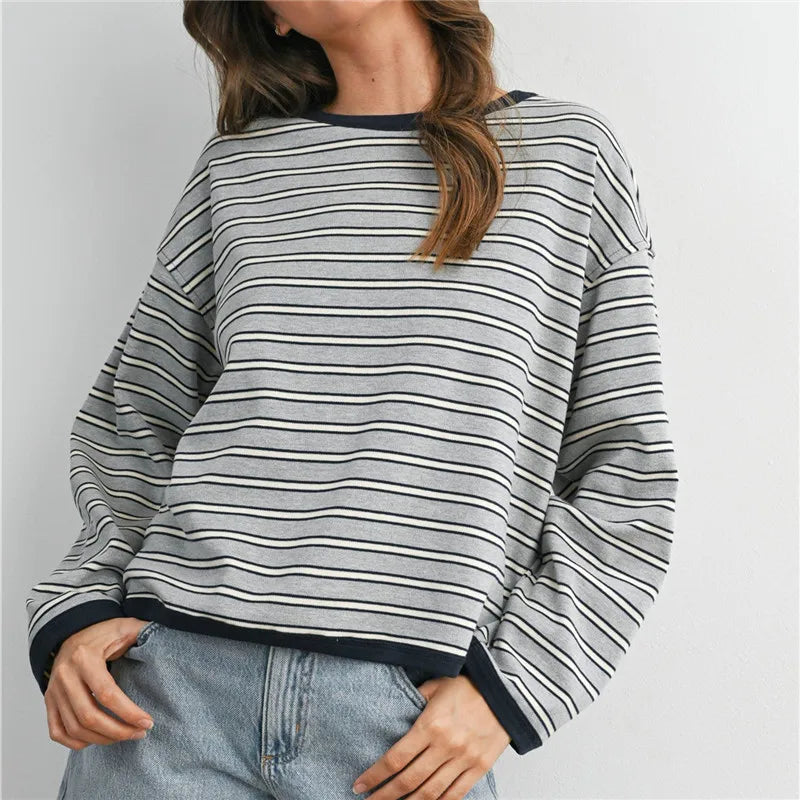 Contrast Rib Crew Neck Striped Long Sleeve T Shirt Drop Shoulder Loose Cropped Basic Casual Pullover Top for Fall Winter