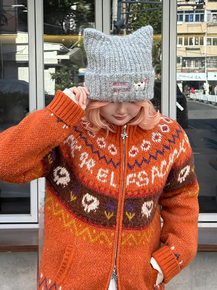 Y2K Cute Solid Kitten Embroidery Cat Ear Beanie For Women