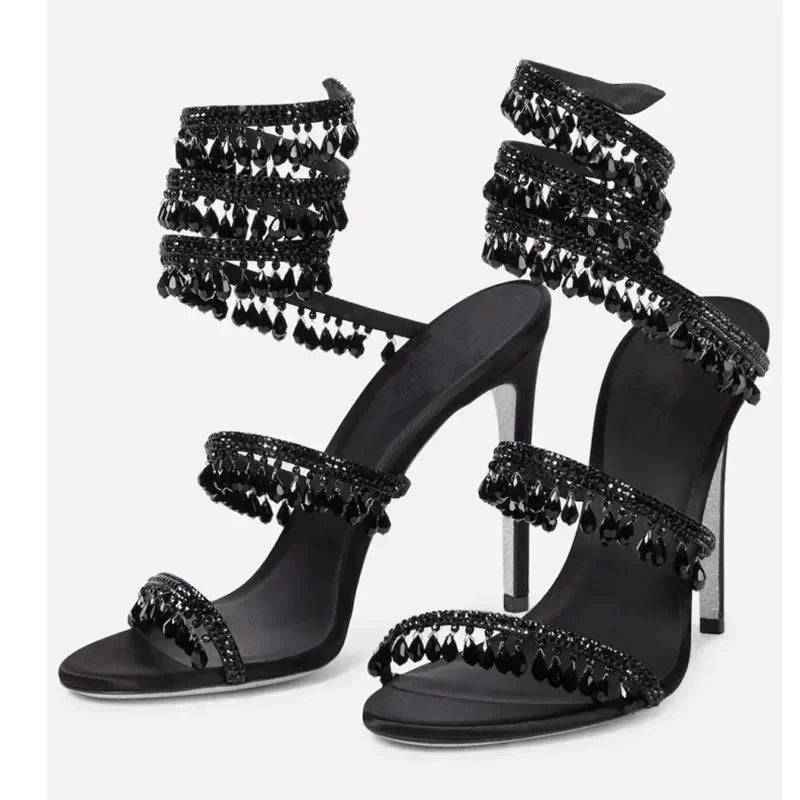 Women's New Water Diamond Sandals Fashion Tassel Crystal Shoes Sexy Banquet Party Twin Stiletto Women's Large Sandals