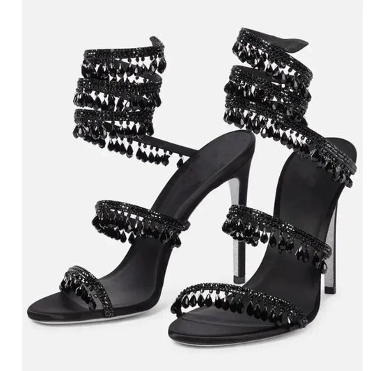Women's New Water Diamond Sandals Fashion Tassel Crystal Shoes Sexy Banquet Party Twin Stiletto Women's Large Sandals