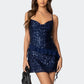 Sexy Women's Sparkle Sequin Mini Dress Party Night Sleeveless Spaghetti Strap Cowl Neck Bodycon Dress Rave Clubwear