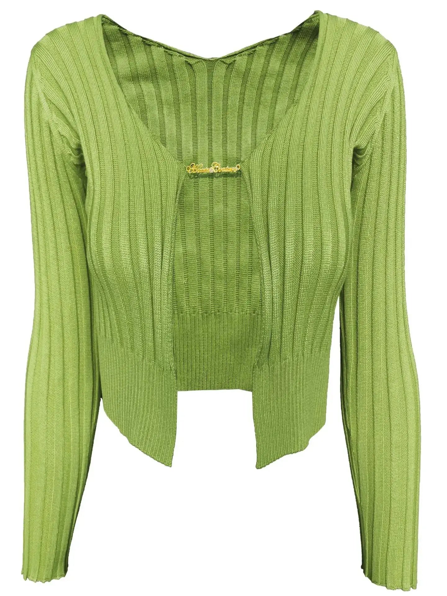 Sexy Solid Knitted Cardigan Sweater Women Y2k Gold Metal Single Button Deep V Neck Long Sleeve Crop Tops