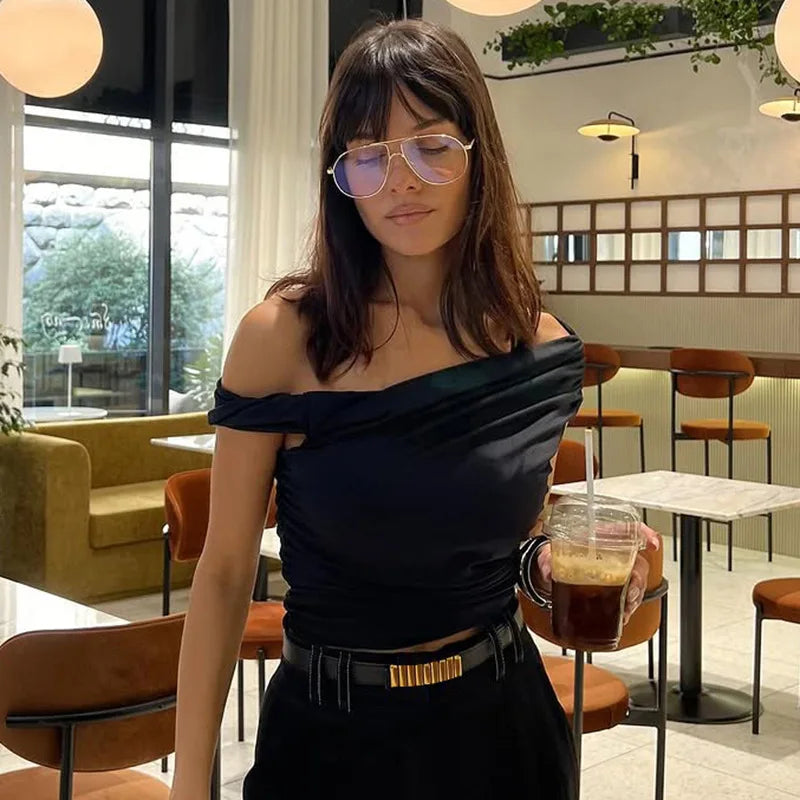 Asymmetrical One Shoulder Crop Tops Black Blue Sexy T Shirts for Woman Summer