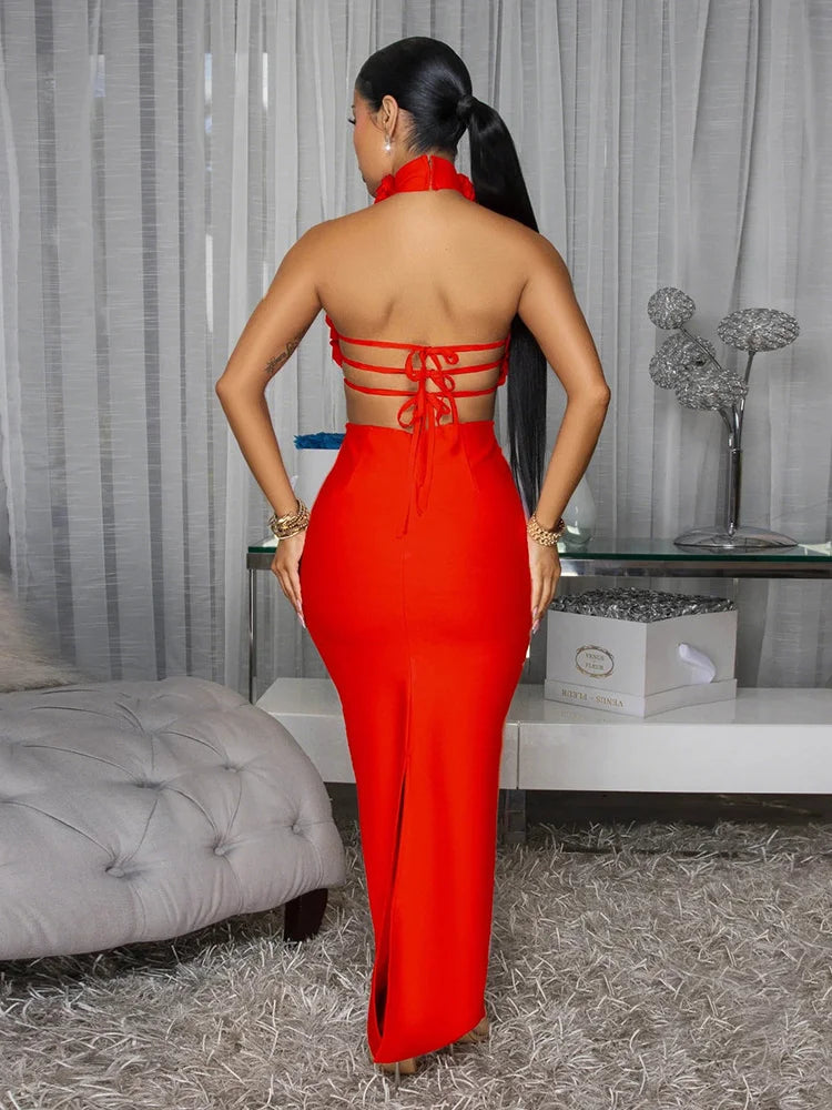 3d Flowers Maxi Dress Halter Buttons Bandage Backless Sleeveless Hollow Back Slit Sexy Midnight Prom Party Chic Vestidos