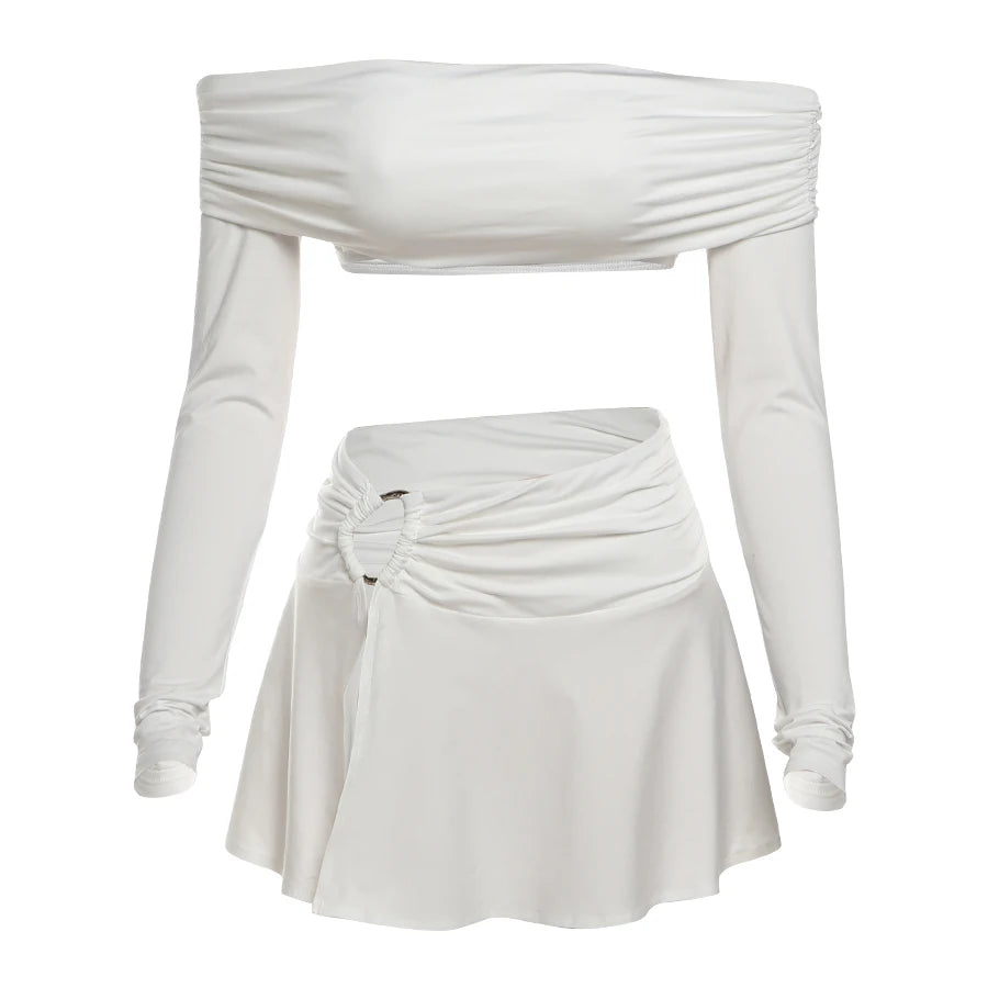 Sexy Pleats 2 Piece Set Women Slash Neck Long Sleeve Waistless Crop Tops+Rings Patchwork Slits Mini Skirts Trend Suit