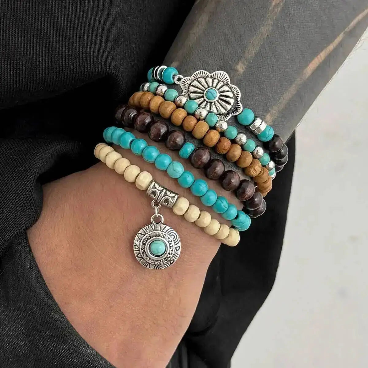 4 Styles Ethnic Boho Wooden Beads Chain Bracelets for Men Vintage Cactus Coin Pendant Elastic Bangles Couple Jewelry