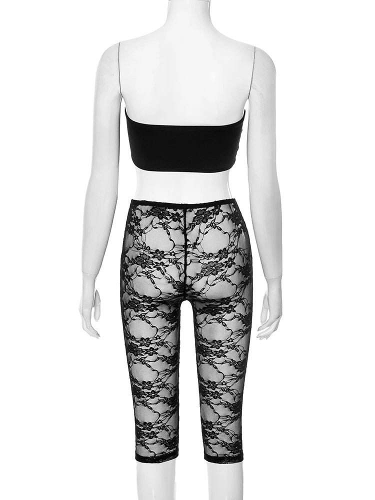 Sexy Fashion 2 Piece Set Women Strapless Mini Tube Tops+Mesh Patchwork Skinny Peach Hip Crop Pants Club Party Outfits