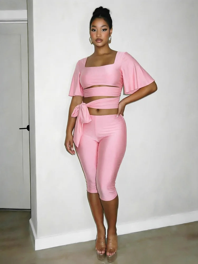 Fashion 3-Piece Set Women Solid Square Collar Flare Sleeve t-Shirt+Simple Belt+Elastic Waist Classic Short Slim Suit